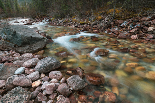 Mountain creek with waterfalls near Maligne Canyon, Athabasca River Basin, Jasper National Park, UNESCO World Heritage Site, Alberta, Canadian Rockies