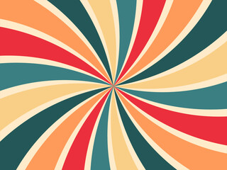 Retro starburst, sunburst effect, curvy stripes in yellow, orange, red and teal colors. Background for posters, invitation, greeting cards, montage, scrapbooking, banners or wrapping paper.
