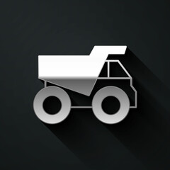 Silver Mining dump truck icon isolated on black background. Long shadow style. Vector