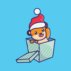 Cute cat gift on christmast cartoon vector icon illustration logo mascot hand drawn concept trandy cartoon