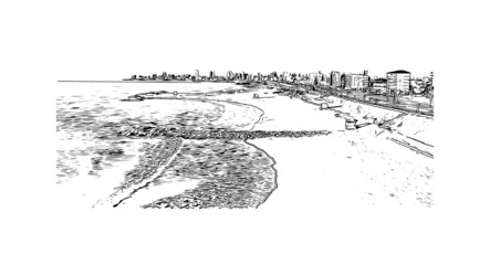 Building view with landmark of Mar del Plata is the 
city in Argentina. Hand drawn sketch illustration in vector.