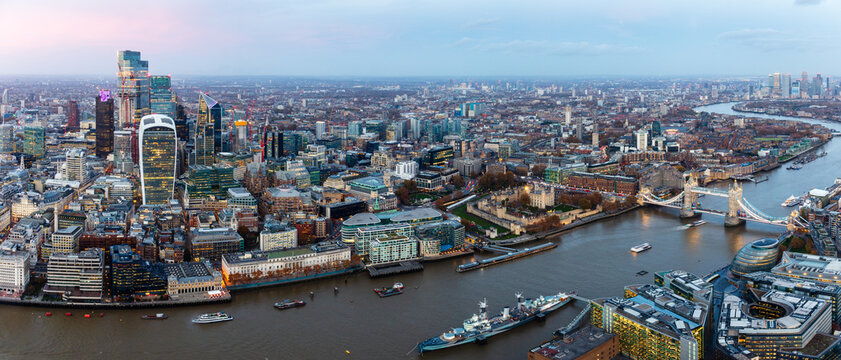 Panorama of City of London skyline and River Thames from above, including Tower Bridge, London, England