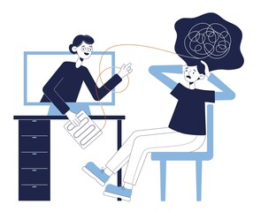 Female psychologist-consultant online. A doctor and a patient discuss a mental tangled rope using a computer for a remote conversation. illustration for counseling, therapy, psychology.