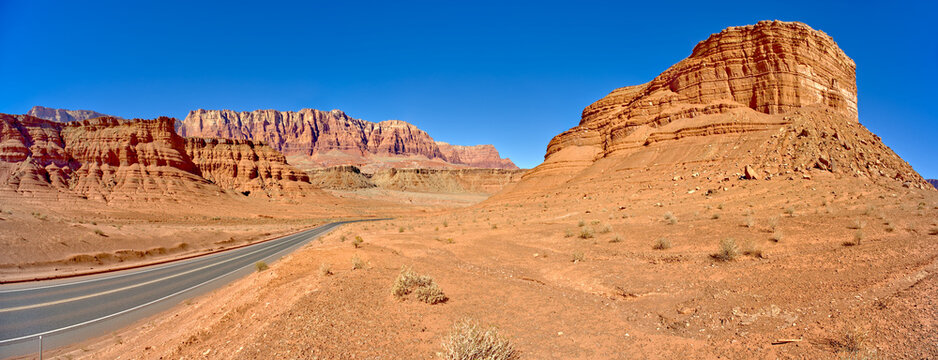 Lee's Ferry Road running between Cathedral Rock and Vermilion Cliffs National Monument in Glen Canyon Recreation Area, Arizona