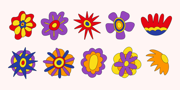 Retro collection of colorful hippie flowers. Vintage festive groovy botanical design. Trendy vector illustration in 70s and 80s style.