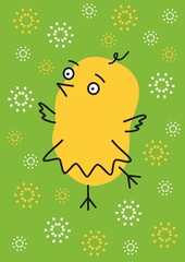 Easter cartoon chick on green background. Easter poster vector image. Line art