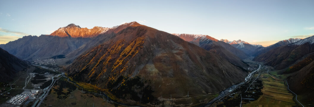 Aerial view of the mountains surrounding Stepantsminda, Kazbegi