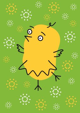 Easter cartoon chick on green background. Easter poster vector image. Line art