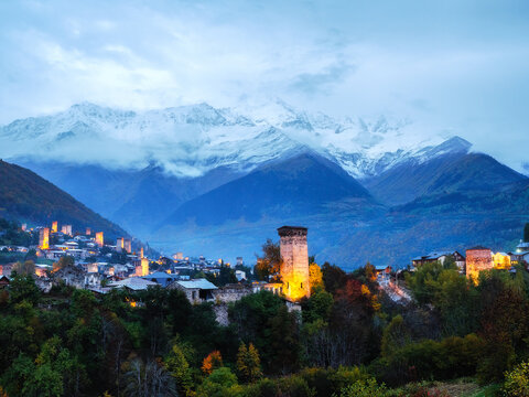 View of the typical Svaneti towers at blue hour in Mestia, Samegrelo-Upper Svaneti