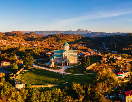 Aerial view of Bagrati Cathedral at sunrise, in Kutaisi, Imereti