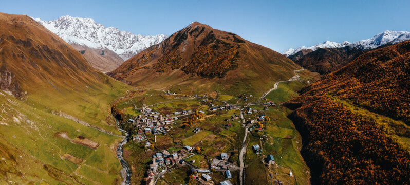 Landscape panoramic view of Ushguli, with Mount Shkhara in the background, Mestia, Samegrelo-Upper Svaneti