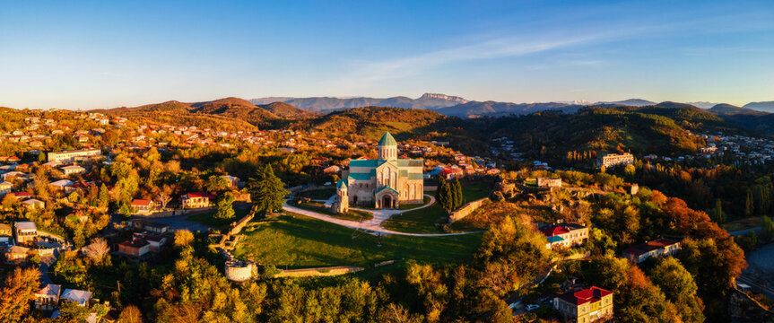 Aerial view of Bagrati Cathedral at sunrise, in Kutaisi, Imereti