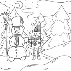Coloring bunny to make a snowman in winter. Vector illustration