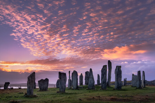 The Callanish Standing Stones at sunrise, Callanish, Isle of Lewis, Outer Hebrides, Scotland