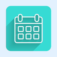 White line Travel planning calendar and airplane icon isolated with long shadow background. A planned holiday trip. Green square button. Vector