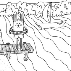 Coloring bunny swims in the river in summer. Vector illustration