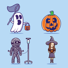 Cute helloween cartoon vector icon illustration logo mascot hand drawn concept trandy cartoon