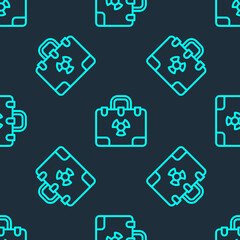 Fototapeta premium Green line Radiation nuclear suitcase icon isolated seamless pattern on blue background. Vector