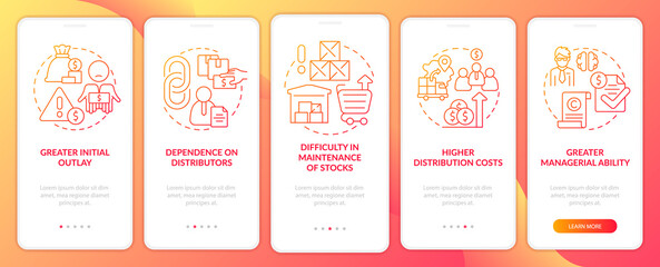 Fototapeta premium Export business struggles red gradient onboarding mobile app screen. Walkthrough 5 steps graphic instructions pages with linear concepts. UI, UX, GUI template. Myriad Pro-Bold, Regular fonts used