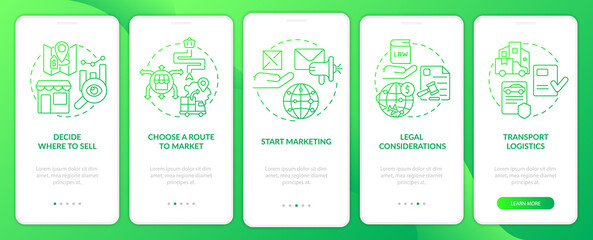 Export business tips green gradient onboarding mobile app screen. Walkthrough 5 steps graphic instructions pages with linear concepts. UI, UX, GUI template. Myriad Pro-Bold, Regular fonts used