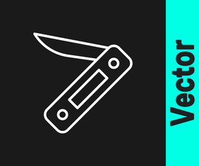 White line Swiss army knife icon isolated on black background. Multi-tool, multipurpose penknife. Multifunctional tool. Vector