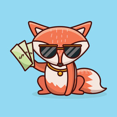 Cute fox with money cartoon vector icon illustration logo mascot hand drawn concept trandy cartoon