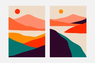 Draagtas Landscape minimalist prints. Abstract nature set, contemporary mountain posters, hand drawn backgrounds. Vector illustration © Yelyzaveta