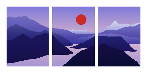 Mountain landscape collage. Abstract nature posters, hills, lake sea moon sun, contemporary vector wall art for print
