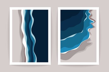 Geometric ocean landscape posters. Sea waves top view, cartoon seaside, beach scene, isolated backgrounds. Vector set