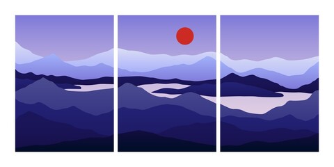 Obraz premium Minimalist landscape collage. Abstract posters mountains lake sea moon sun, contemporary vector wall art design for print