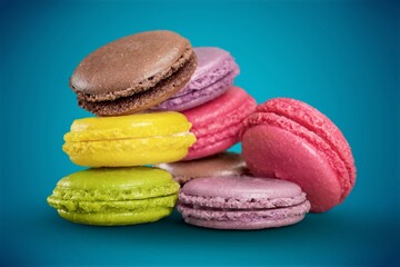 Tasty sweet macarons cakes of different colors. Culinary and cooking concept.