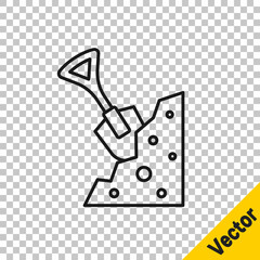 Black line Shovel and stone icon isolated on transparent background. Gardening tool. Tool for horticulture, agriculture, farming. Vector