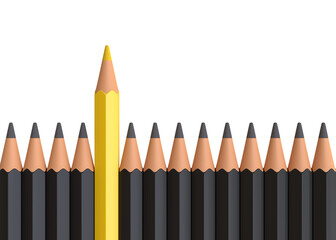 Yellow pencil standing out from crowd of plenty identical black fellows on white table. Leadership, uniqueness, independence, initiative, strategy, business success concept. 3d render illustration