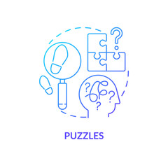 Puzzles blue gradient concept icon. Escape room general component abstract idea thin line illustration. Riddle-solving adventure. Detective mystery. Isolated outline drawing. Myriad Pro-Bold font used