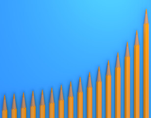 Yellow pencils on technical chart of financial expansion. Wave pattern row on blue background. Creative minimal idea. business concept for control financial budget. 3d render illustration