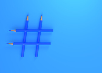 Hashtag sign made of pencil on blue background with copy space. Creative and social media community concepts. 3d render illustration