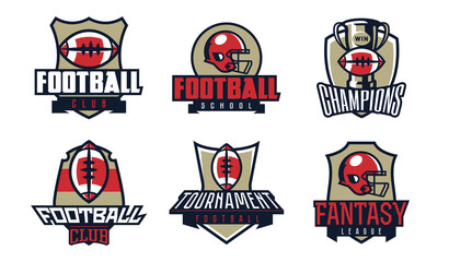 Set of logos, emblems american football. Collection of american football emblems. Sports championship, league champions, training school, helmet and ball. Vector illustration isolated on background