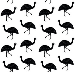 Vector seamless pattern of hand drawn doodle sketch black emu ostrich isolated on white background