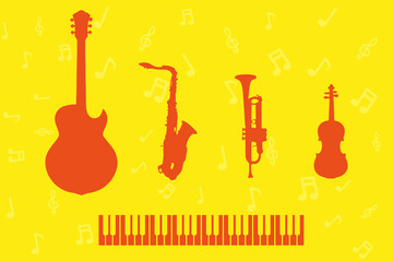 Vector illustration on the theme of musical instruments. Guitar, saxophone, trumpet, keys, violin in jelly orange color silhouette style. For the design of music banners, posters
