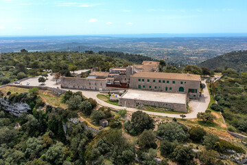 Fototapeta na wymiar Aerial view, Monastery of Santuari de Nostra Senyora de Cura on Puig de Randa mountain, Pla de Mallorca Region, Mallorca, Balearic Islands, Spain