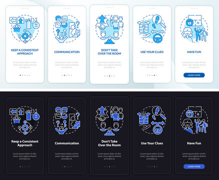 Escape room action plan night and day mode onboarding mobile app screen. Walkthrough 5 steps graphic instructions pages with linear concepts. UI, UX, GUI template. Myriad Pro-Bold, Regular fonts used