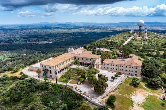 Aerial view, Monastery of Santuari de Nostra Senyora de Cura on Puig de Randa mountain, Pla de Mallorca Region, Mallorca, Balearic Islands, Spain