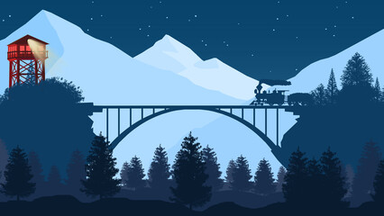 Night train on a bridge in the mountains © An