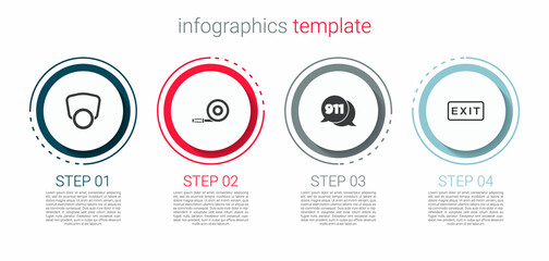 Set Gas mask, Fire hose reel, Telephone call 911 and exit. Business infographic template. Vector