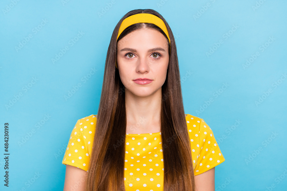 Poster Photo of pretty adorable young woman wear dotted outfit smiling isolated blue color background