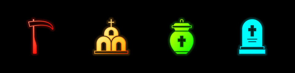 Obraz premium Set Scythe, Church building, Funeral urn and Grave with tombstone icon. Vector