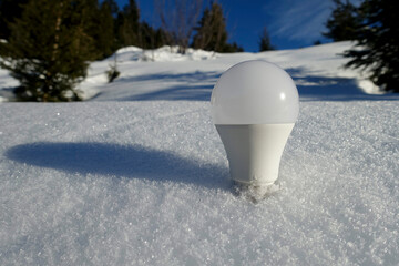 Glühbirne im Schnee. Symbol für erneuerbare Energie und umweltfreundliche Technologie.