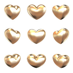 Set of golden 3D hearts on isolated background 