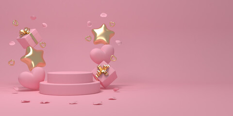 Happy Valentine's Day. Horizontal template poster, greeting card, headers for website. Product podium. Hearts, stars, gifts soar near the podium. 3D rendering. 