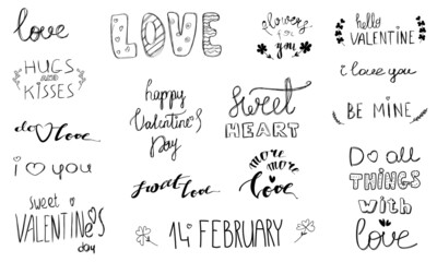 Casually hand drawn set with valentine's day themed lettering in doodle style